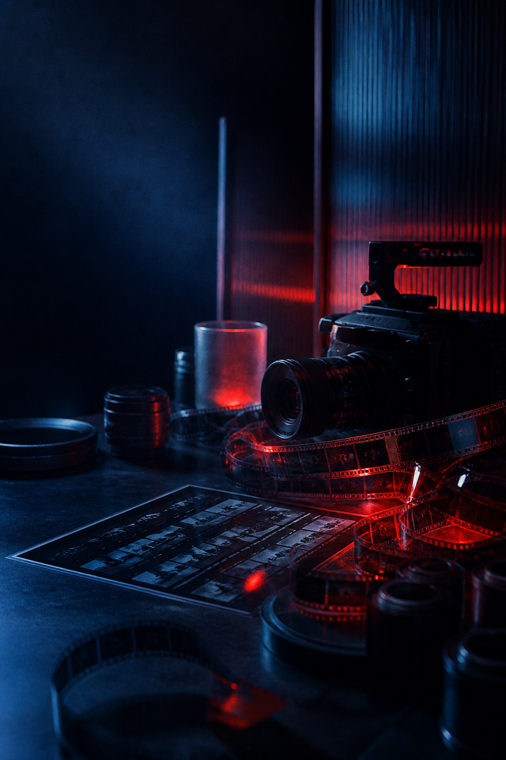 An original concept photograph of a cinema camera, film and studio light; this is not a frame from the SIGAMA STUDIO portfolio.